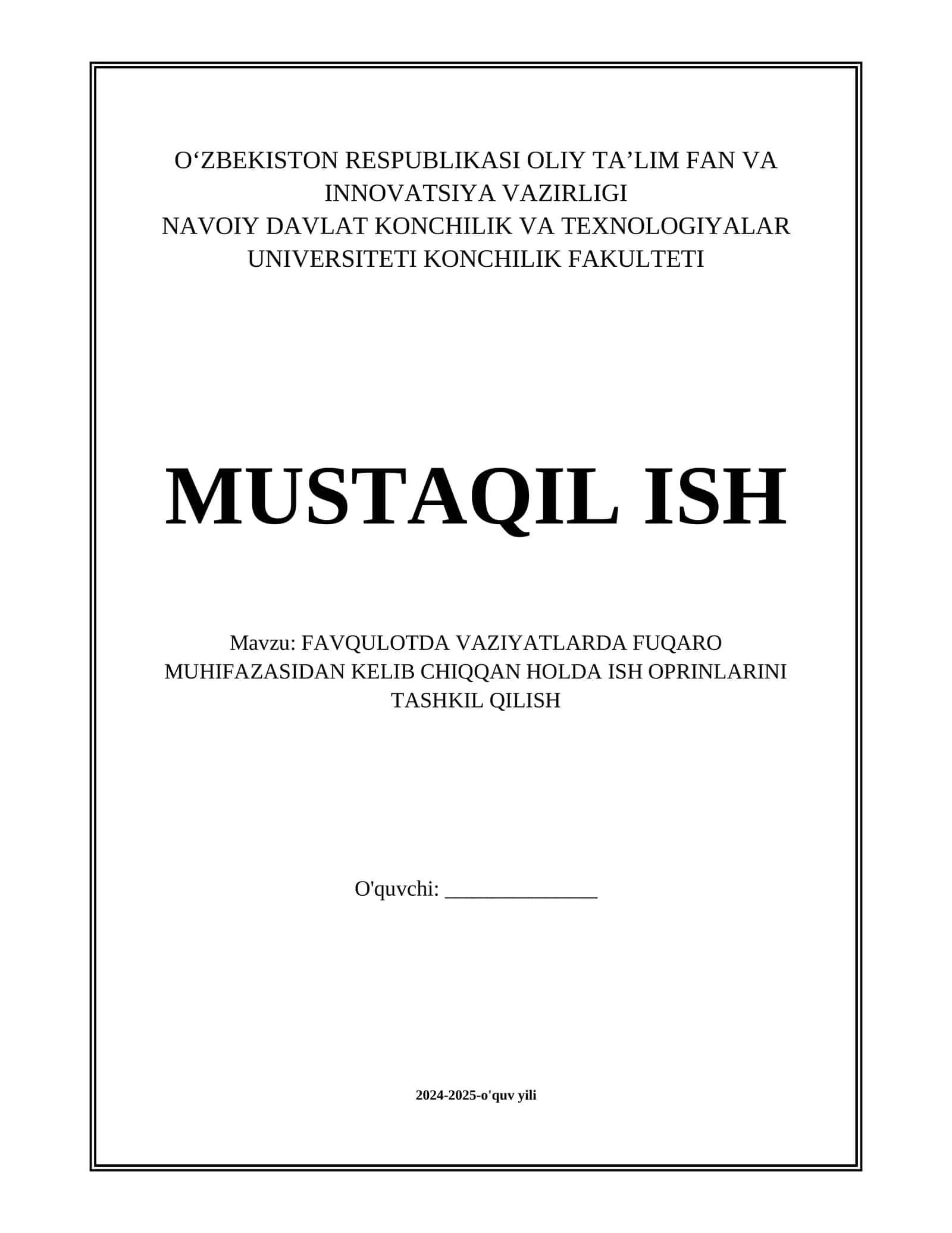 FAVQULOTDA VAZIYATLARDA FUQARO MUHIFAZASIDAN KELIB CHIQQAN HOLDA ISH OPRINLARINI TASHKIL QILISH 1