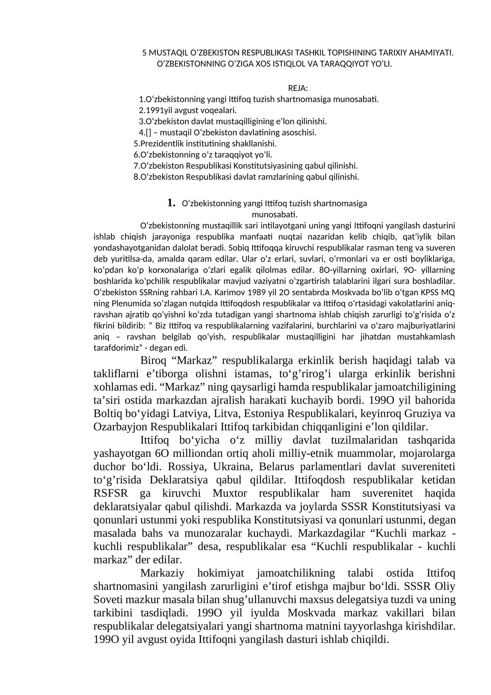 MUSTAQIL O‘ZBEKISTON RESPUBLIKASI TASHKIL TOPISHINING TARIXIY AHAMIYATI 1