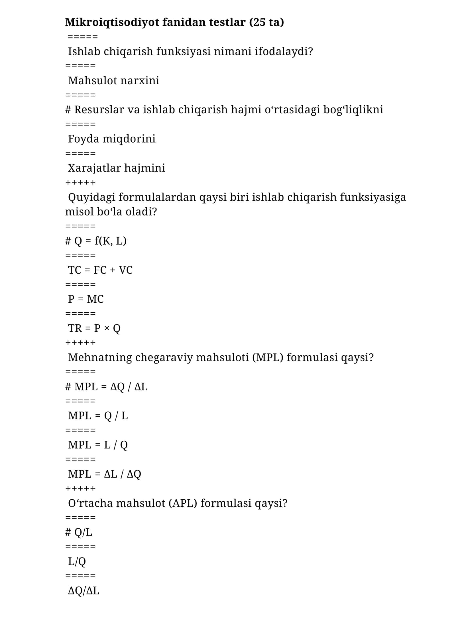 Mikroiqtisodiyot fanidan testlar (25 ta) 1