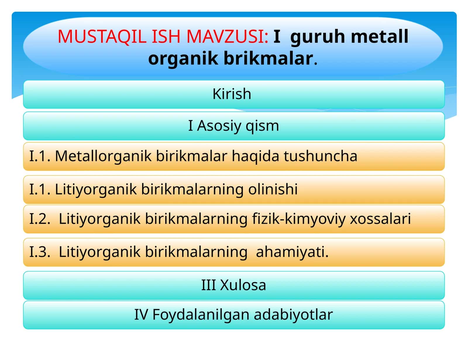 I  guruh  metall  organik  brikmalar 1