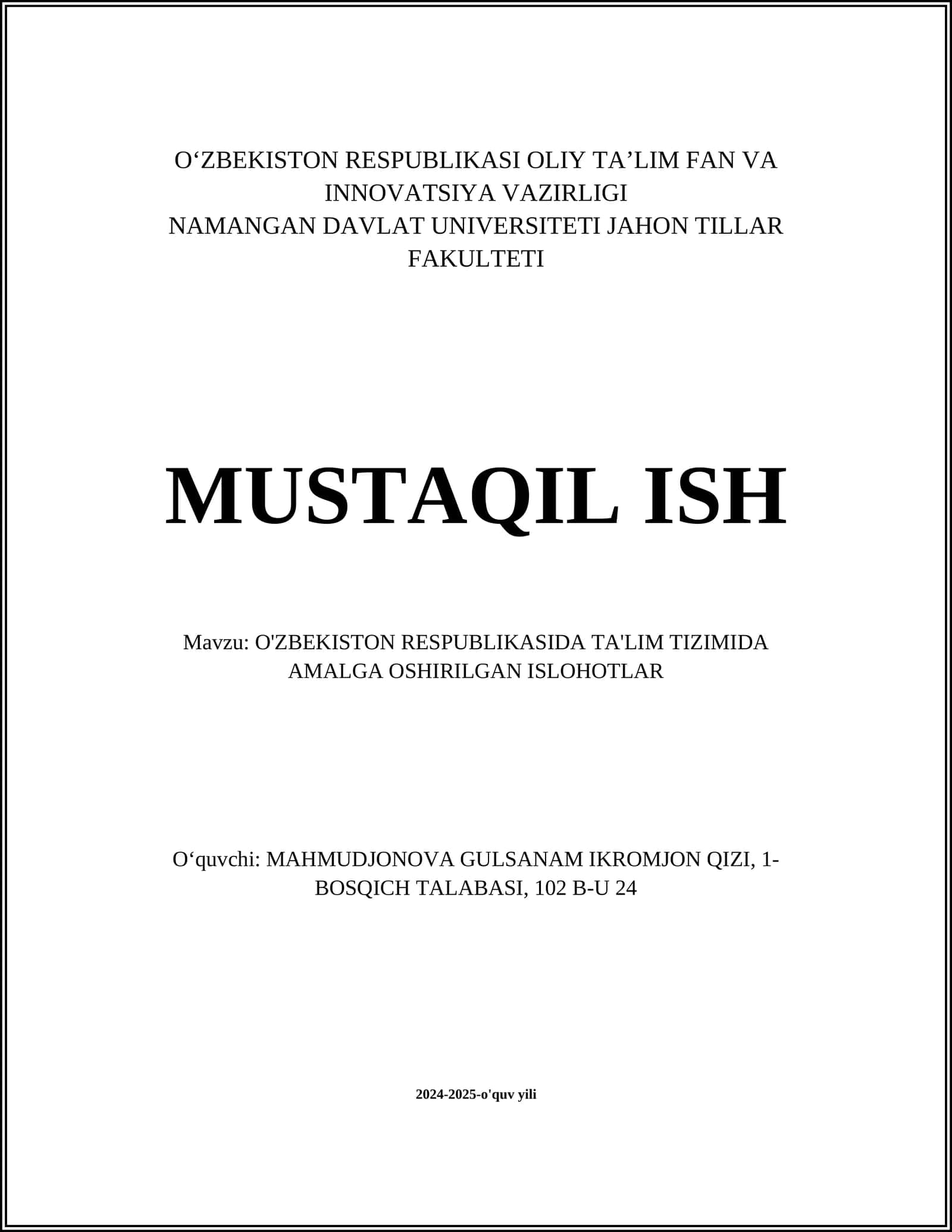 O‘ZBEKISTON RESPUBLIKASI OLIY TA’LIM FAN VA INNOVATSIYA VAZIRLIGI 1