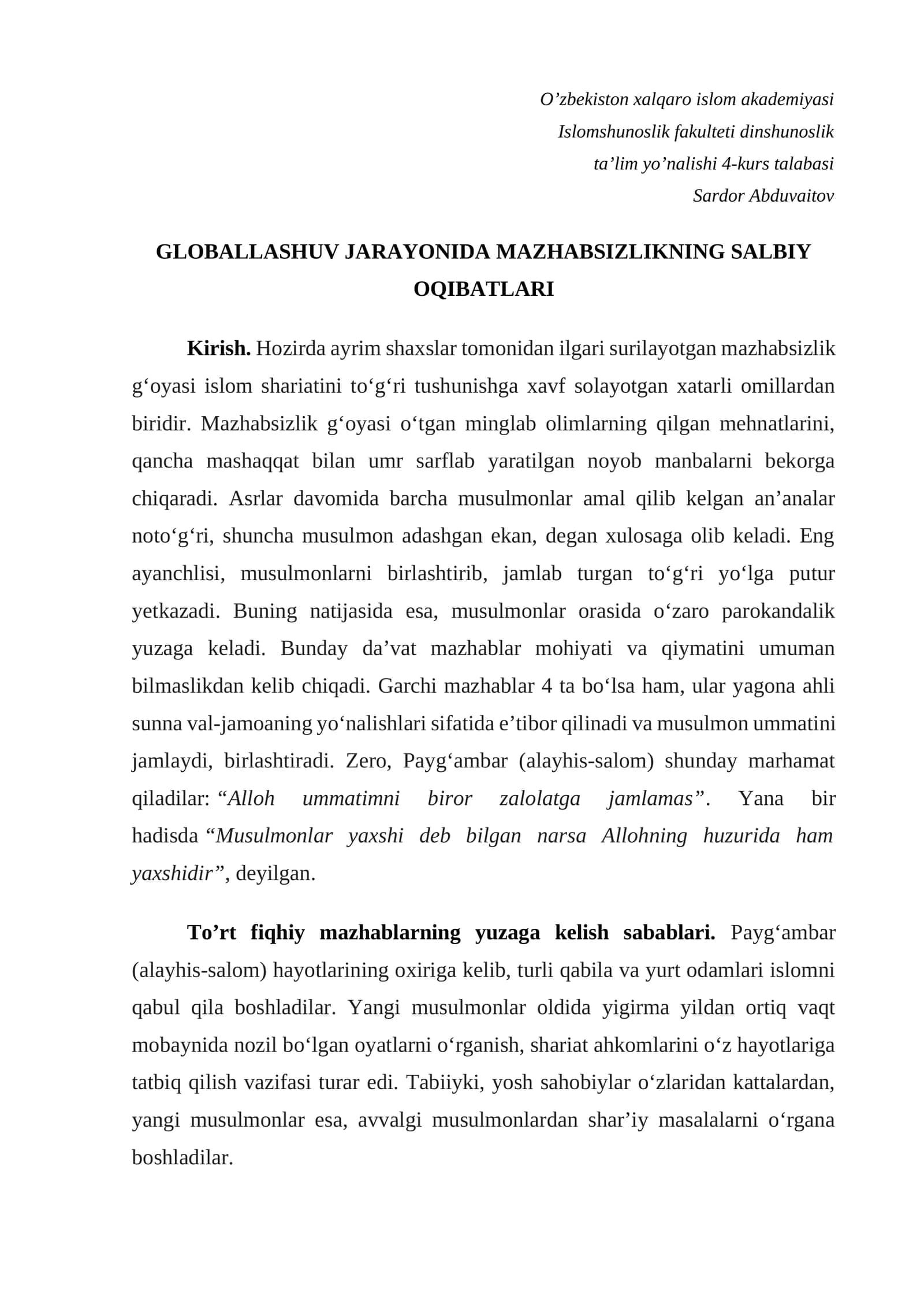 GLOBALLASHUV JARAYONIDA MAZHABSIZLIKNING SALBIY OQIBATLARI 1