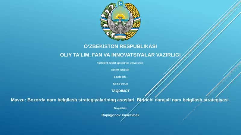 Bozorda narx belgilash strategiyalarining asoslari. Birinchi darajali narx belgilash strategiyasi 1