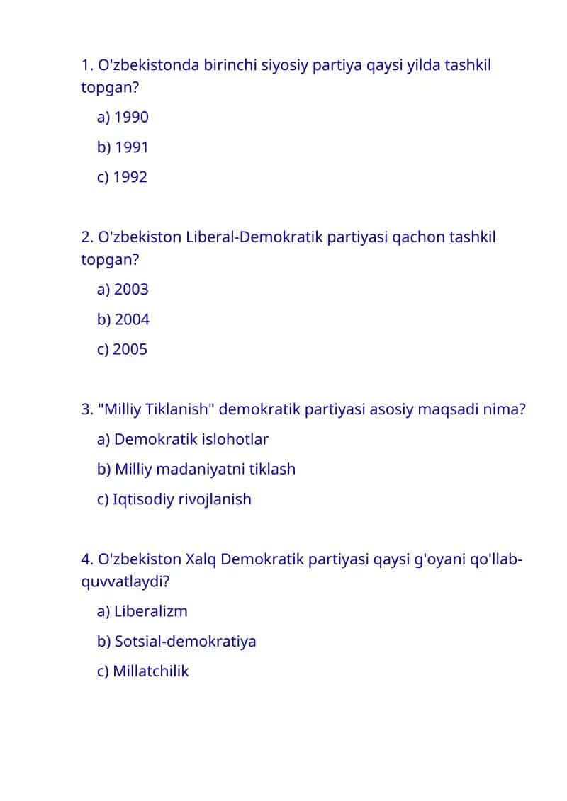 Siyosiy partiyalar haqida test savollari 1