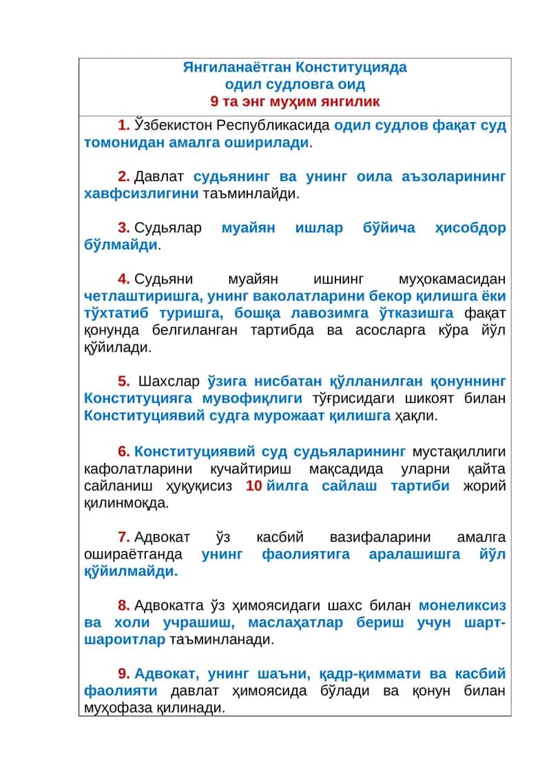 Янгиланаётган Конституцияда одил судловга оид 9 та энг муҳим янгилик 1