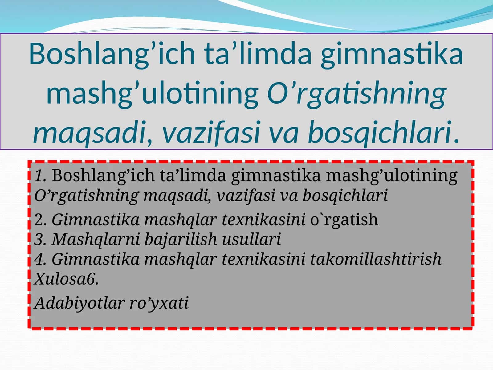 Boshlang’ich ta’limda gimnastika mashg’ulotining O’rgatishning maqsadi, vazifasi va bosqichlari 1