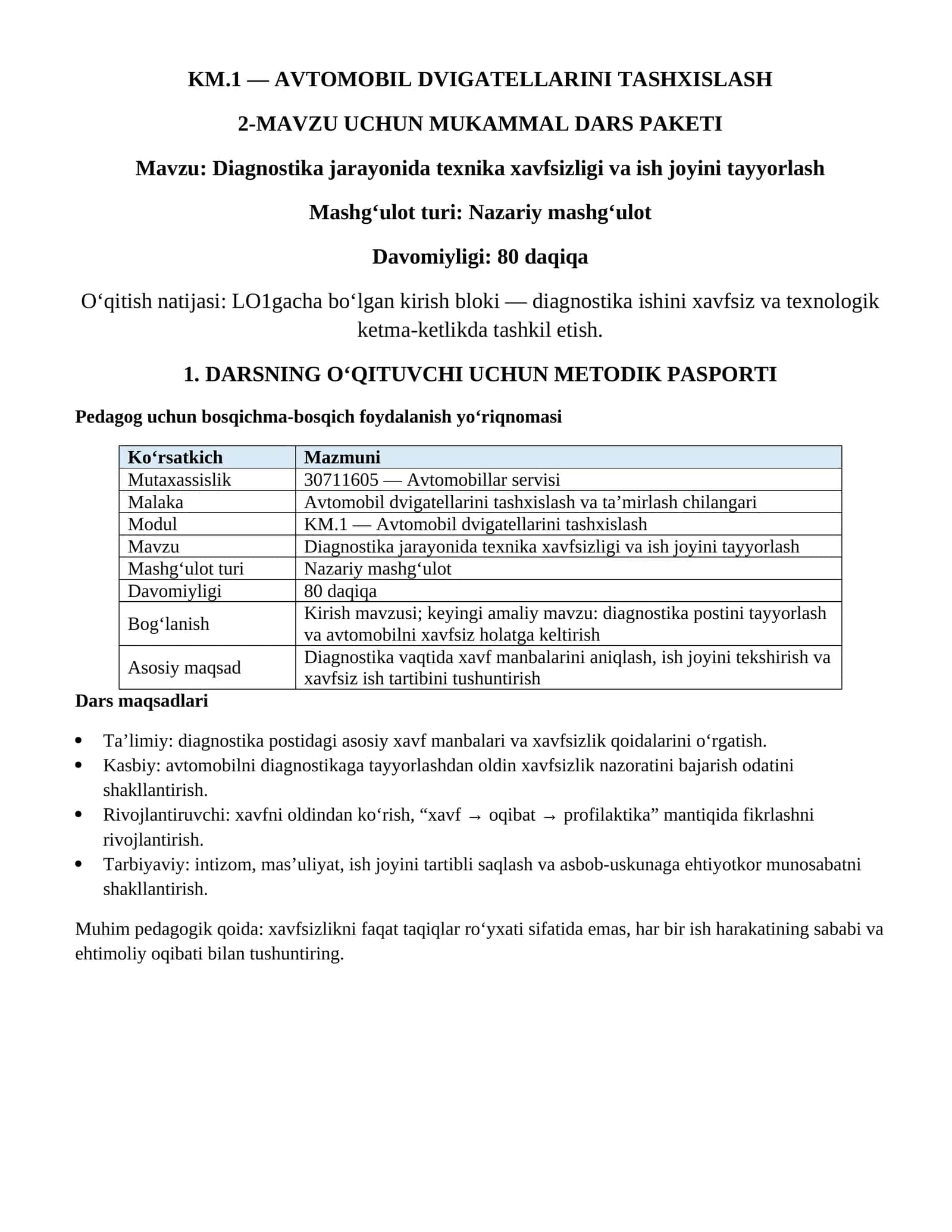 Diagnostika jarayonida texnika xavfsizligi va ish joyini tayyorlash mavzusida dars paketi 1