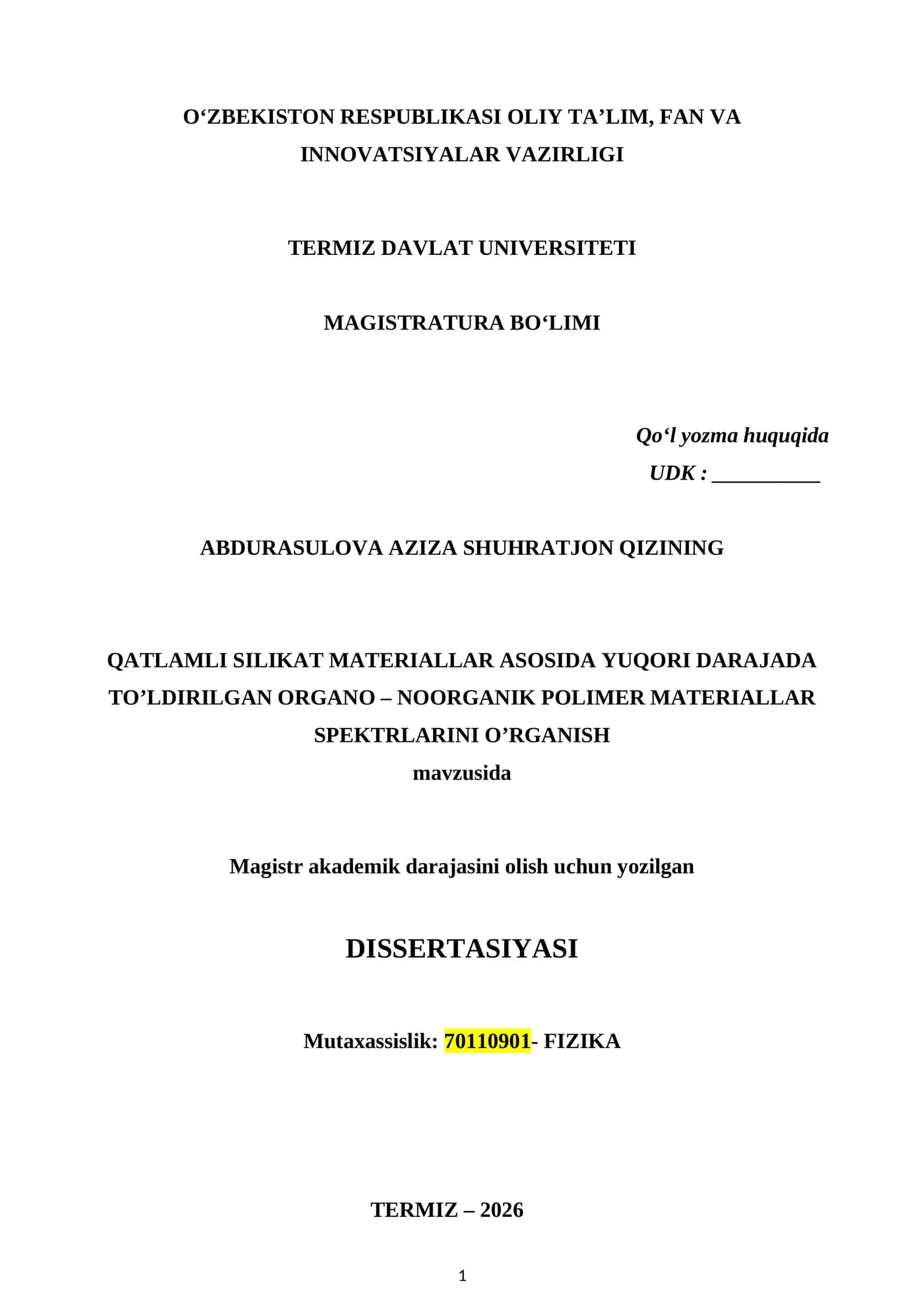QATLAMLI SILIKAT MATERIALLAR ASOSIDA YUQORI DARAJADA TO’LDIRILGAN ORGANO – NOORGANIK POLIMER MATERIALLAR SPEKTRLARINI O’RGANISH 1