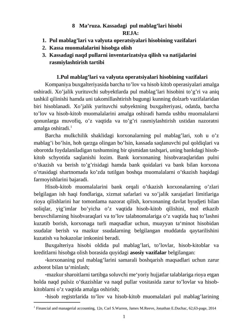 Kassadagi  pul mablag’lari hisobi 1