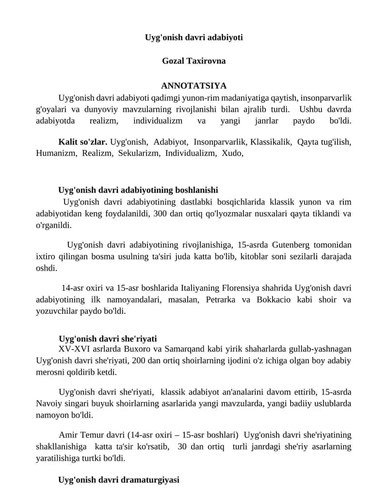 Uyg'onish davri adabiyoti 1