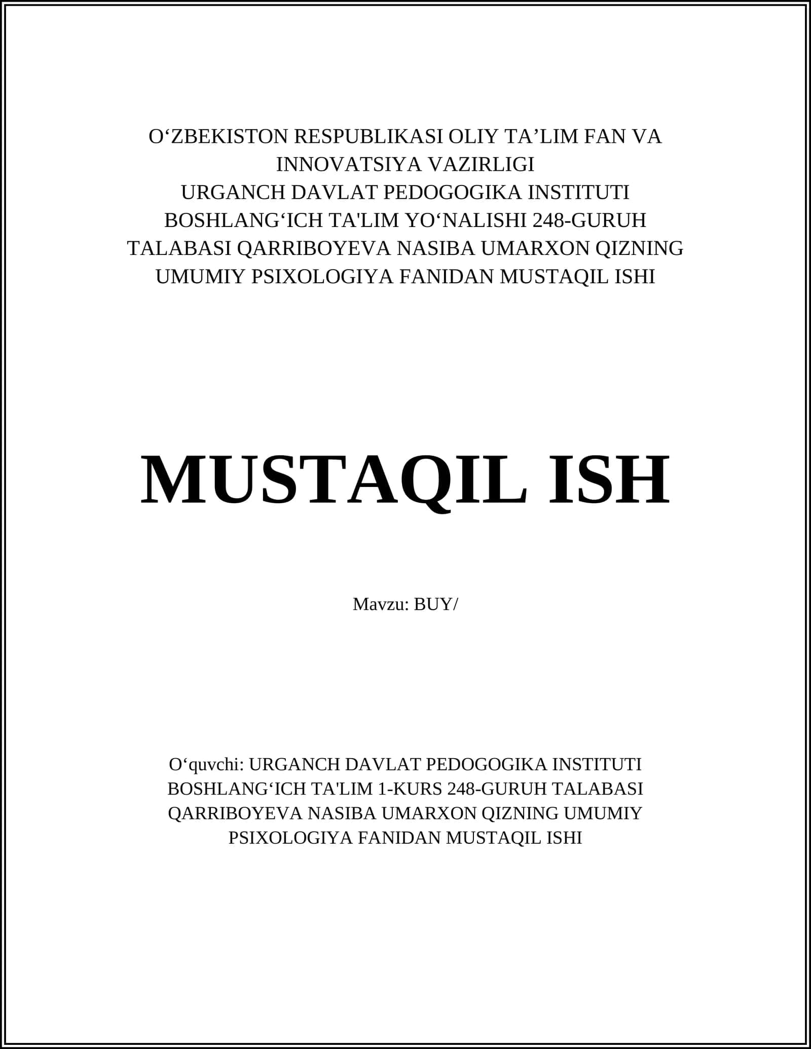 UMUMIY PSIXOLOGIYA FANIDAN MUSTAQIL ISHI 1