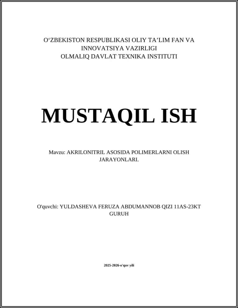 AKRILONITRIL ASOSIDA POLIMERLARNI OLISH JARAYONLARI 1