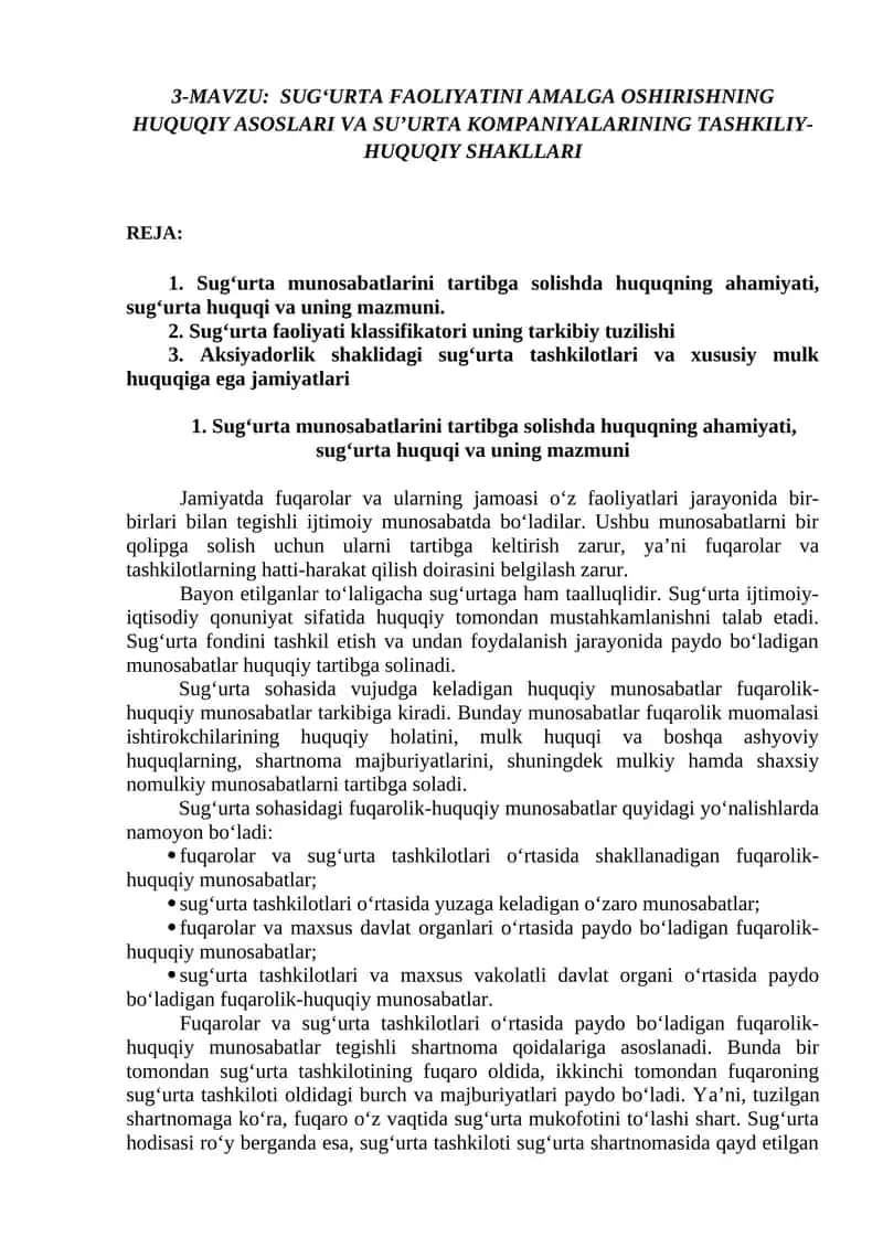 Sug‘urta Faoliyatini Amalga Oshirishning Huquqiy Asoslari va Su’urta Kompaniyalarining Tashkiliy-Huquqiy Shakllari 1
