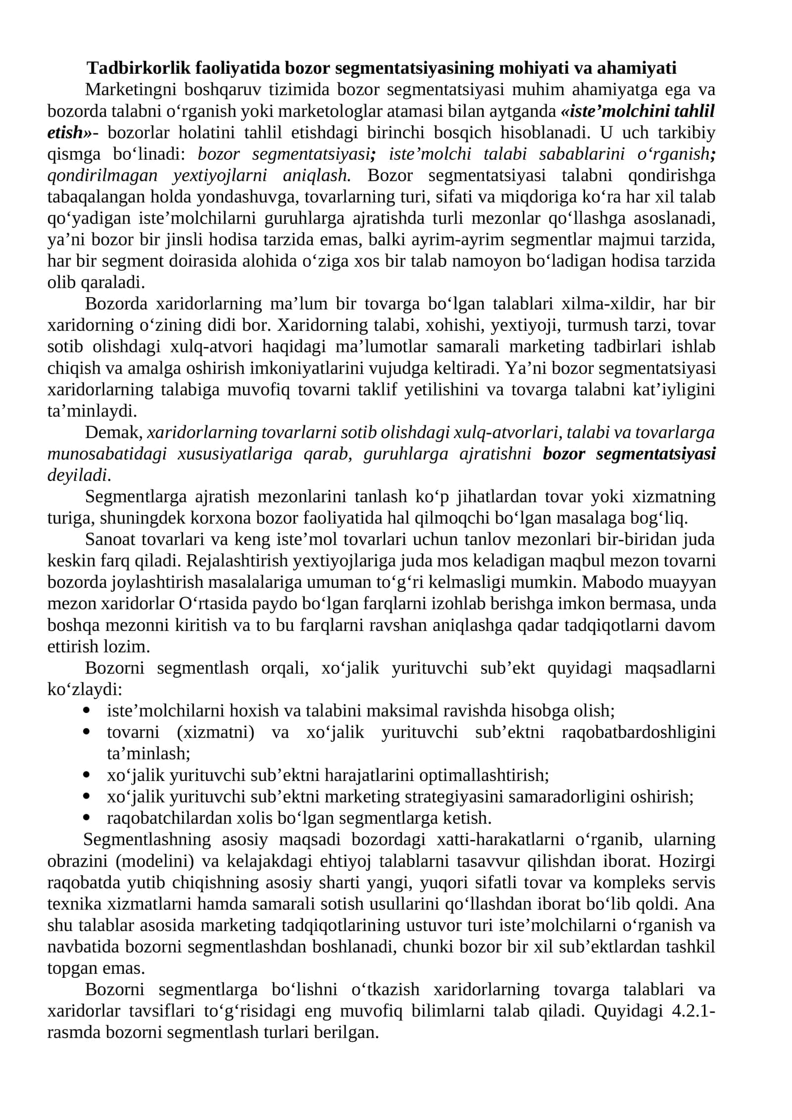 Tadbirkorlik faoliyatida bozor segmentatsiyasining mohiyati va ahamiyati 1