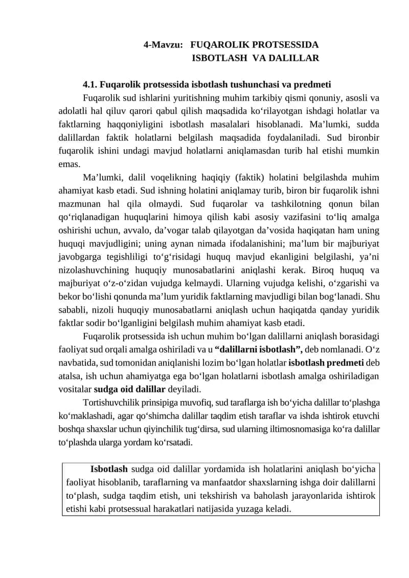 Fuqarolik protsessida ISBOTLASH VA DALILLAR 1