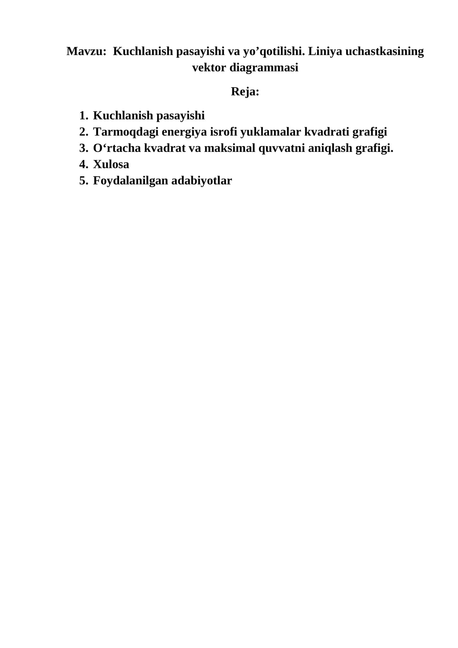 Kuchlanish pasayishi va yo’qotilishi. Liniya uchastkasining vektor diagrammasi 1