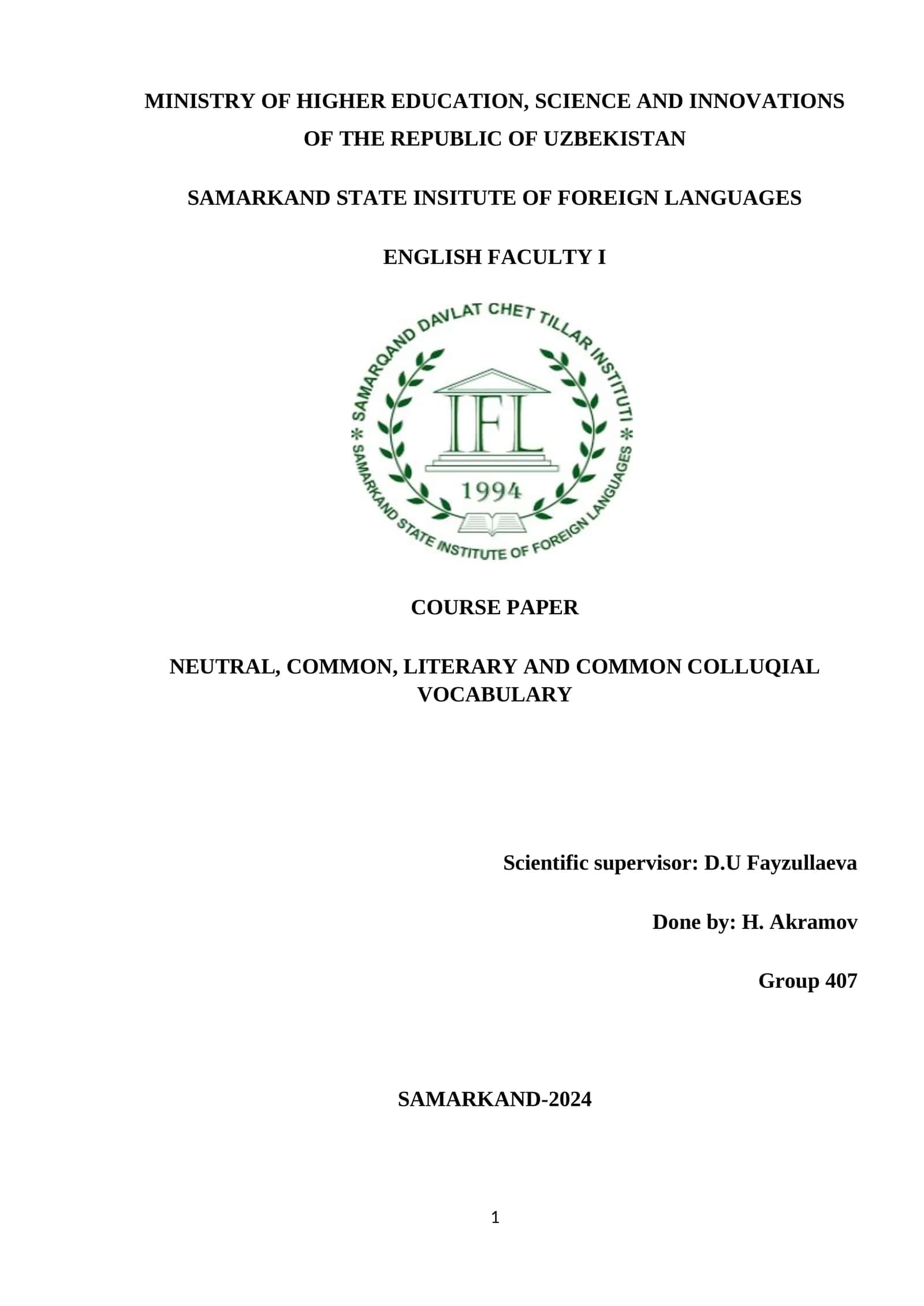 NEUTRAL, COMMON, LITERARY AND COMMON COLLUQIAL VOCABULARY 1