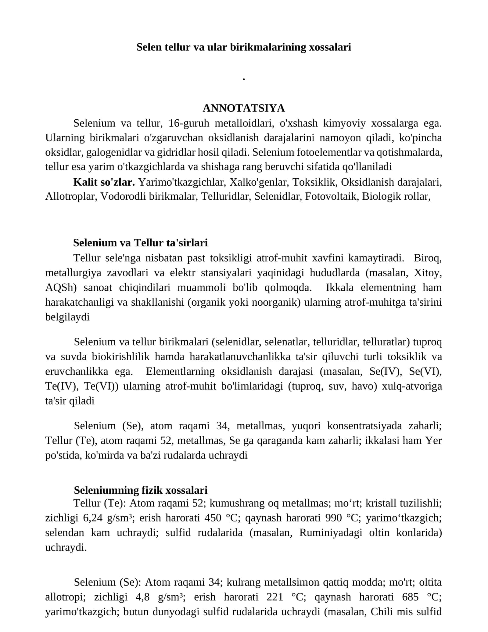 Selen tellur va ular birikmalarining xossalari 1