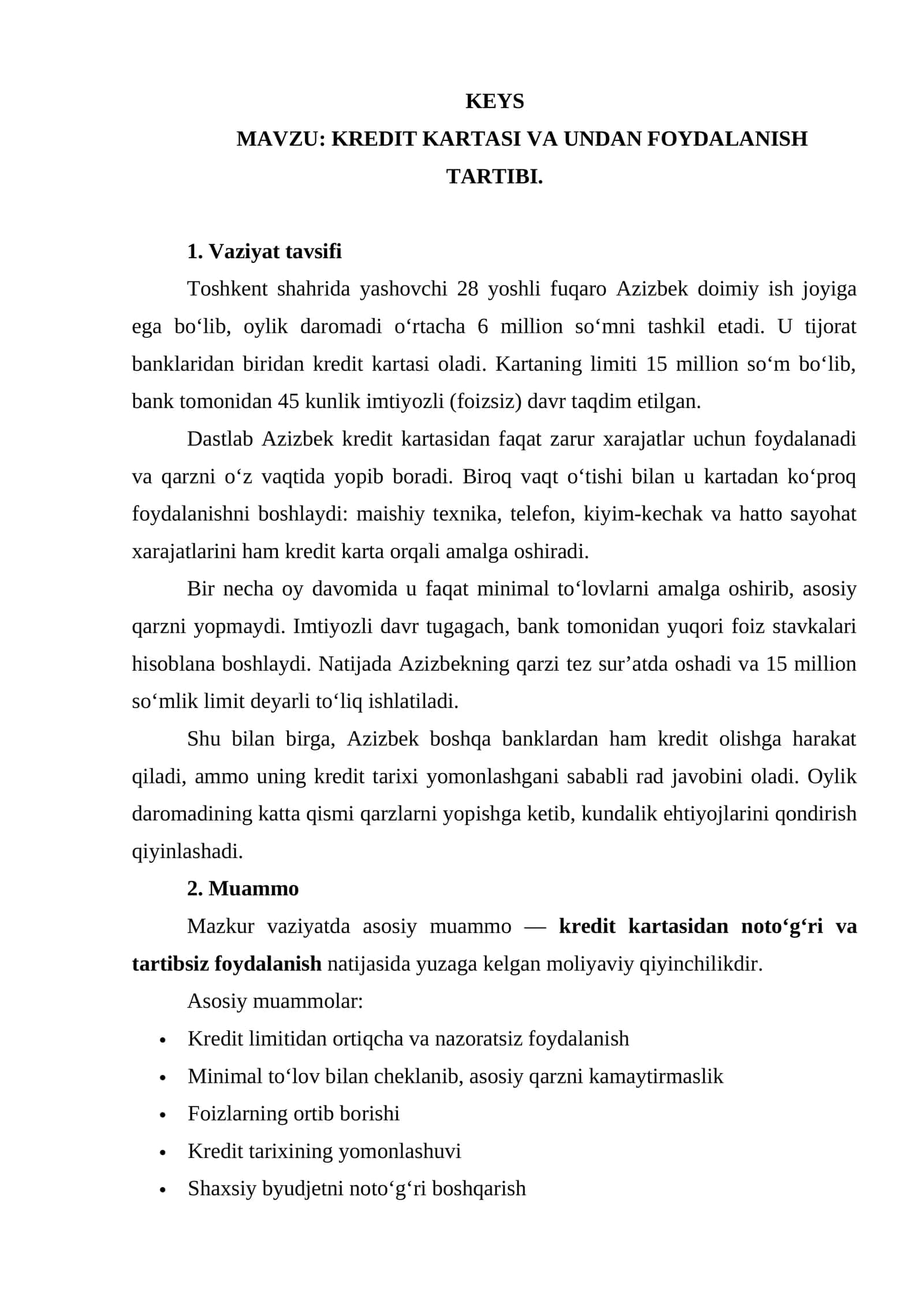 KREDIT KARTASI VA UNDAN FOYDALANISH TARTIBI. 1