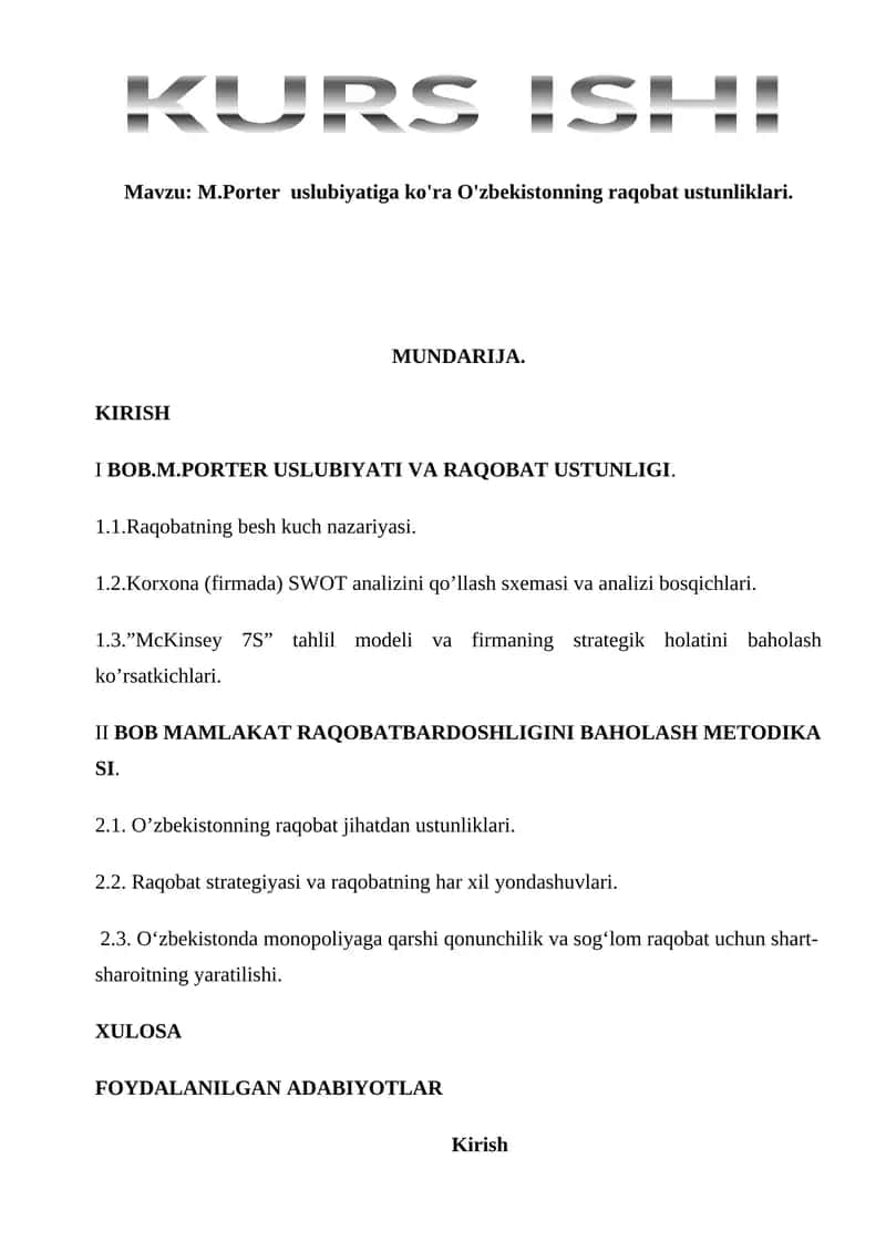 M.Porter uslubiyatiga ko'ra O'zbekistonning raqobat ustunliklari 1