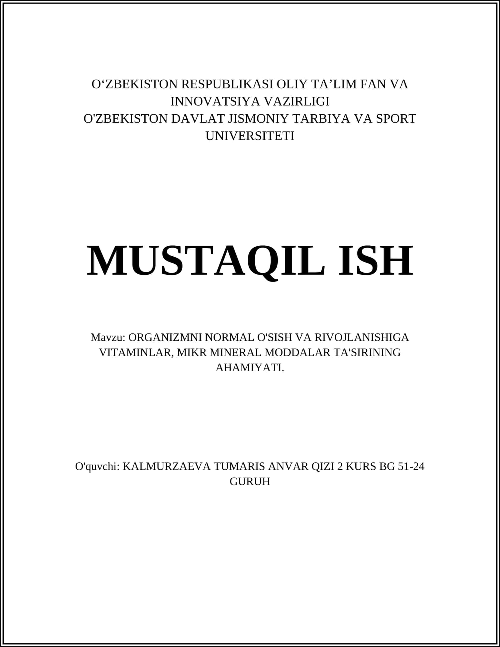 ORGANIZMNI NORMAL O'SISH VA RIVOJLANISHIGA VITAMINLAR, MIKR MINERAL MODDALAR TA'SIRINING AHAMIYATI 1