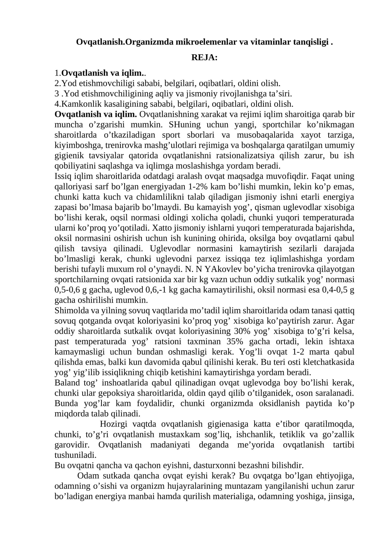 Ovqatlanish. Organizmda mikroelementlar va vitaminlar tanqisligi 1