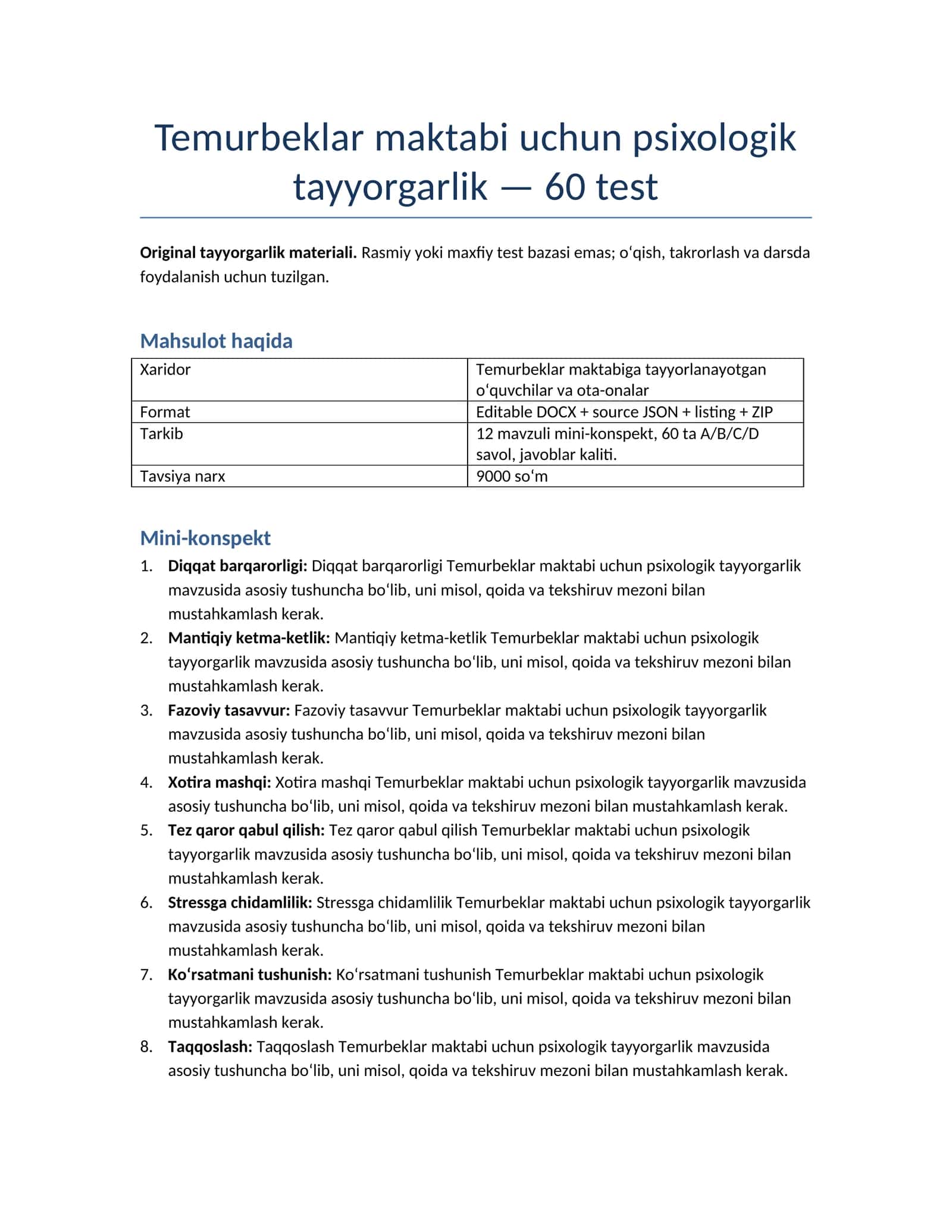 Temurbeklar maktabi uchun psixologik tayyorgarlik — 60 test 1