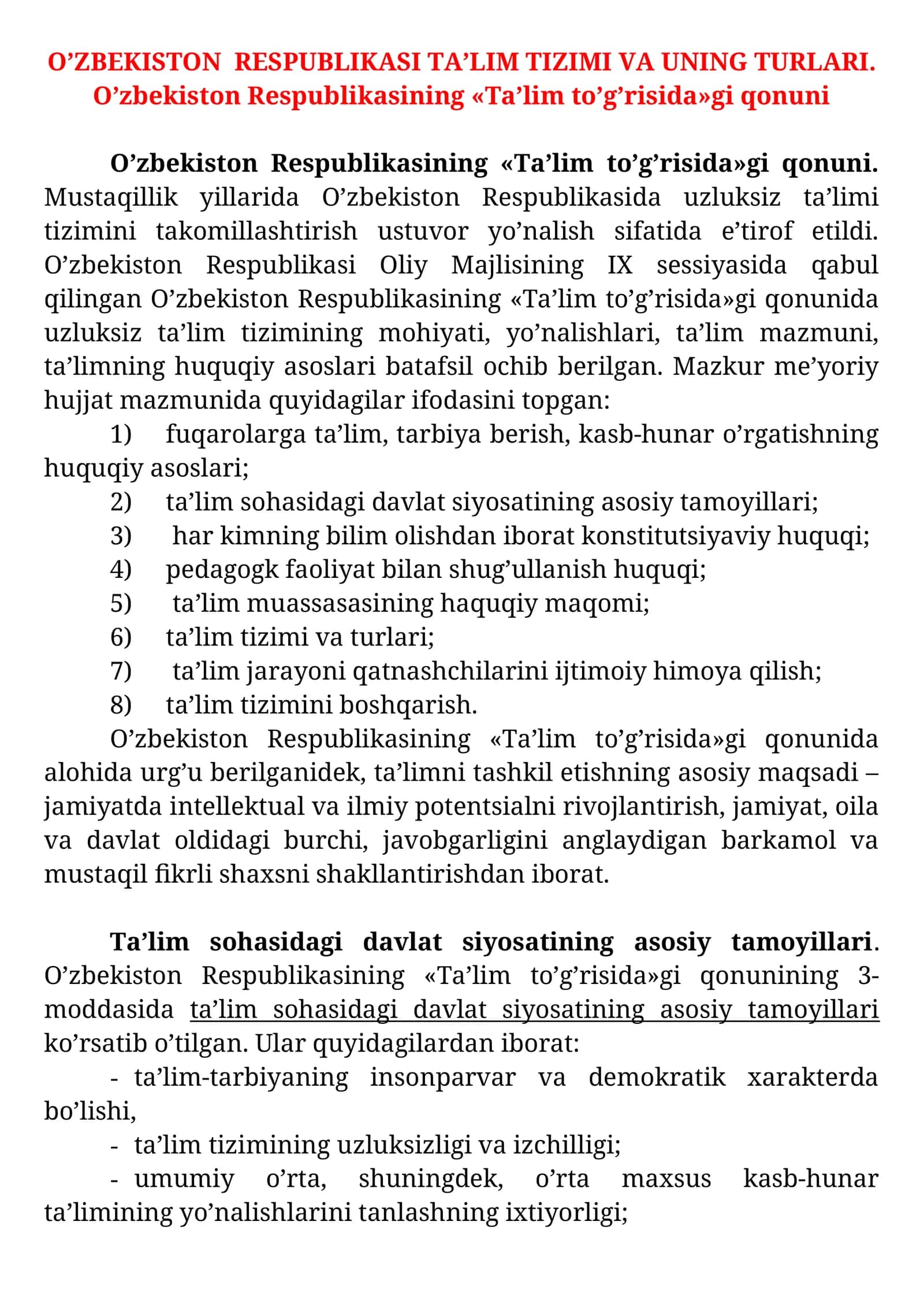 O’zbekiston RESPUBLIKASI TA’LIM TIZIMI VA UNING TURLARI 1