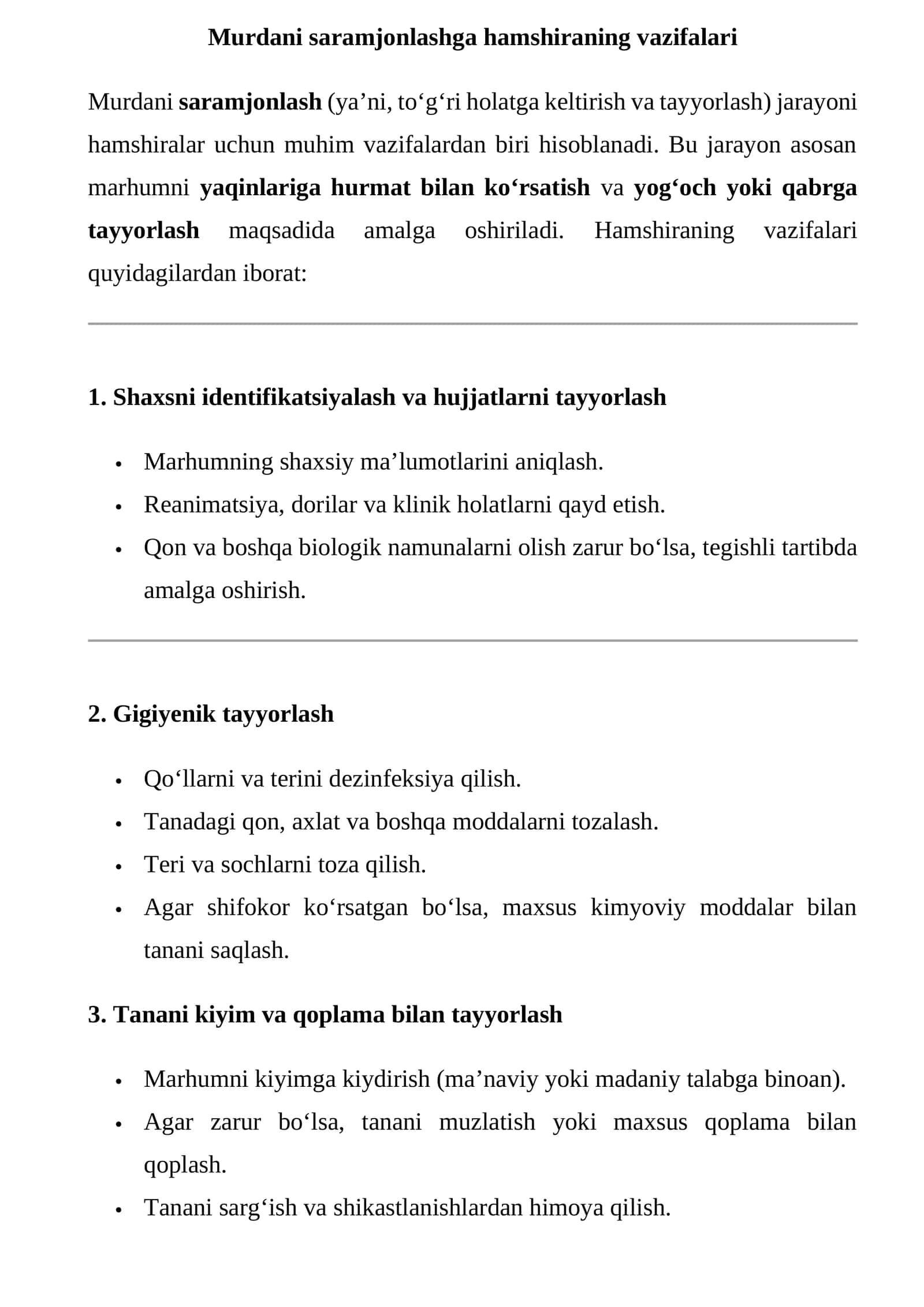 Murdani saramjonlashga hamshiraning vazifalari 1