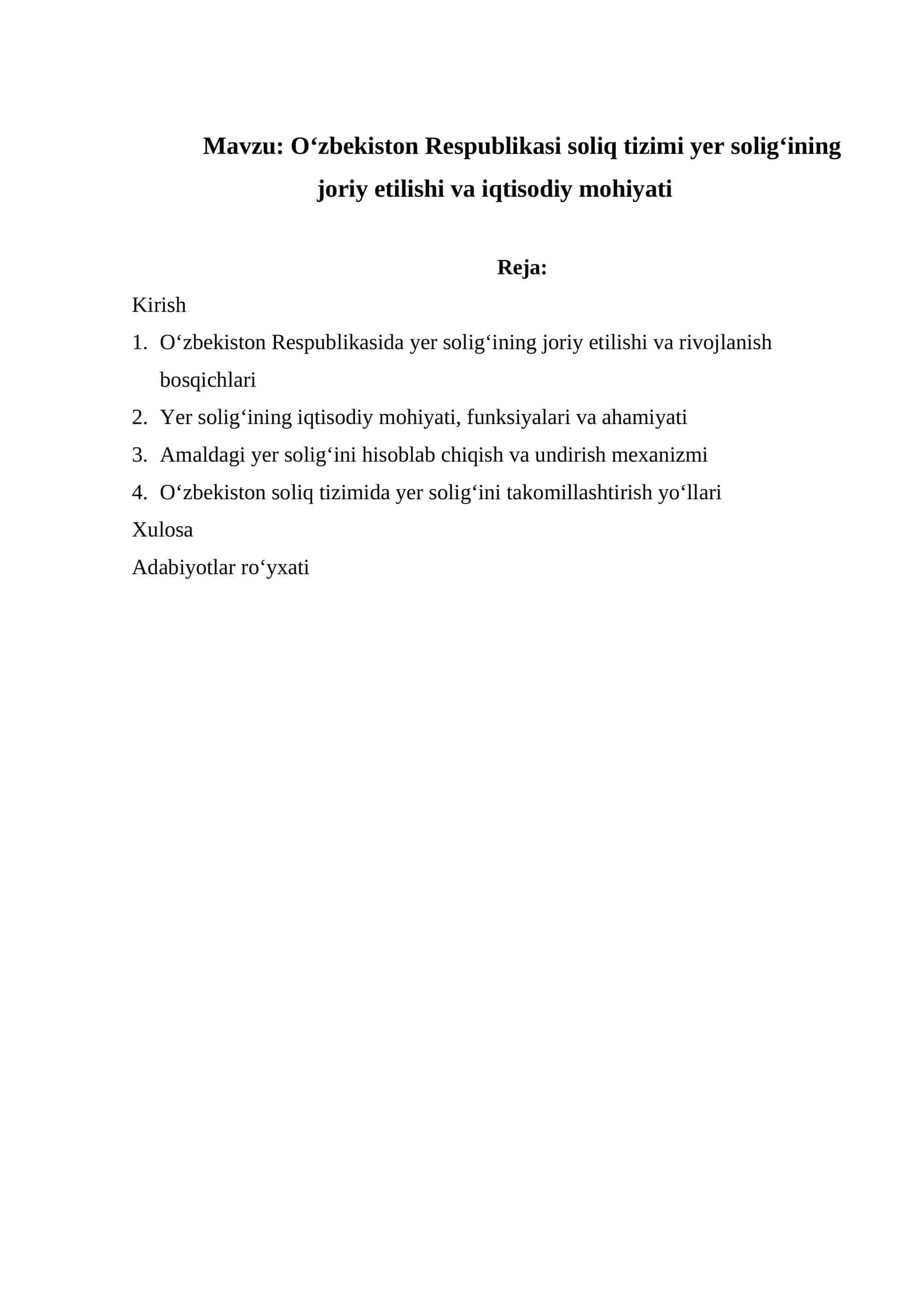 Oʻzbekiston Respublikasi soliq tizimi yer soligʻining joriy etilishi va iqtisodiy mohiyati 1