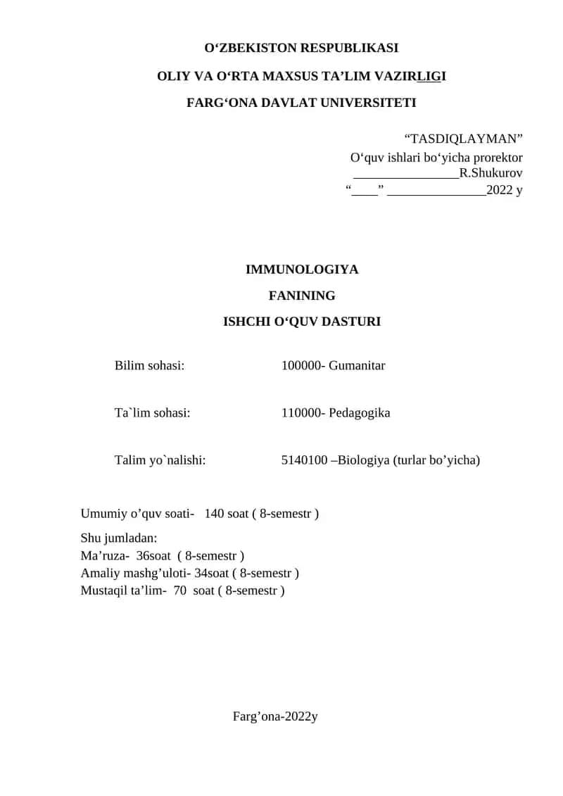 IMMUNOLOGIYA FANINING ISHCHI O‘QUV DASTURI 1