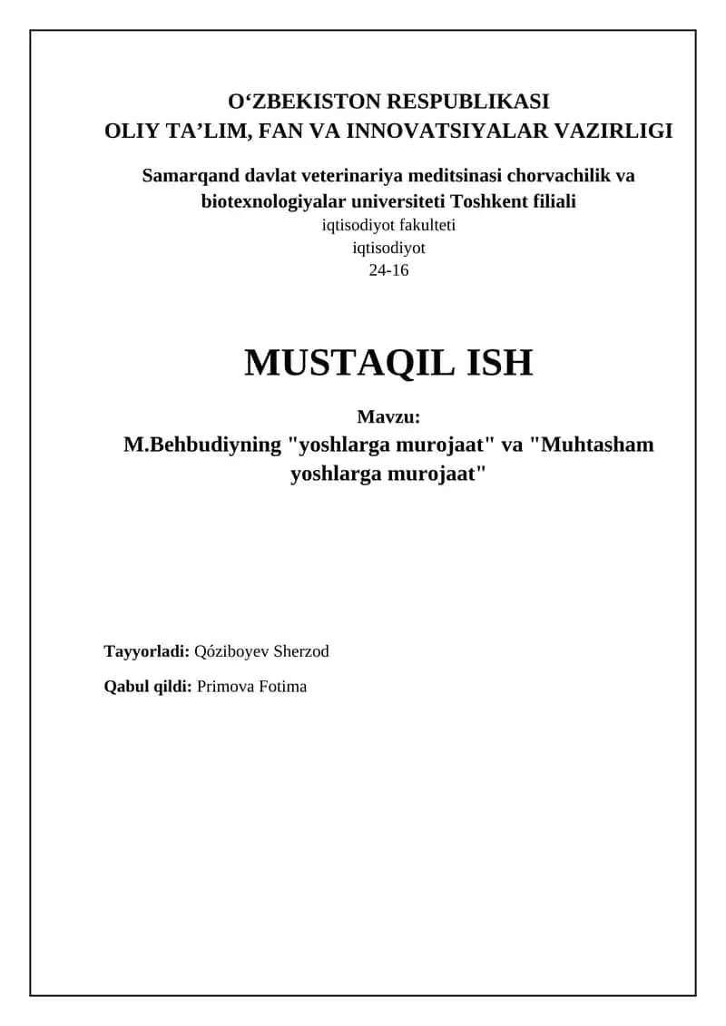 M.Behbudiyning "yoshlarga murojaat" va "Muhtasham yoshlarga murojaat" 1