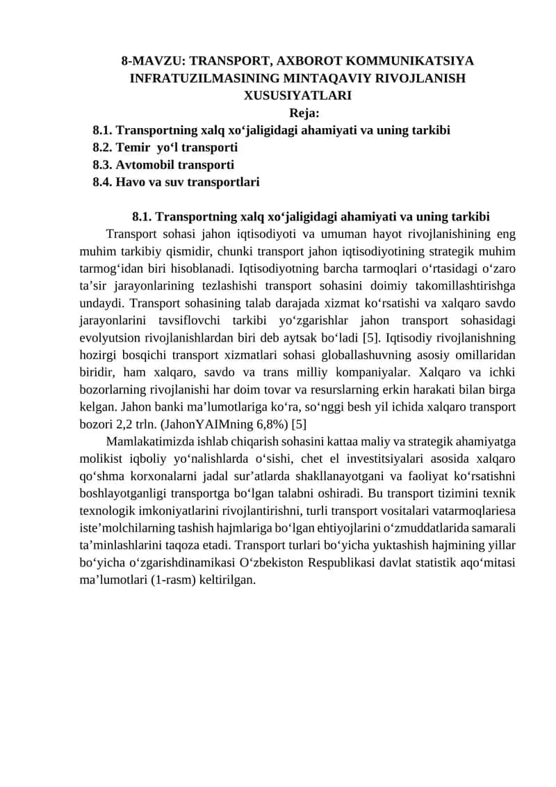 TRANSPORT, AXBOROT KOMMUNIKATSIYA INFRATUZILMASINING MINTAQAVIY RIVOJLANISH XUSUSIYATLARI 1