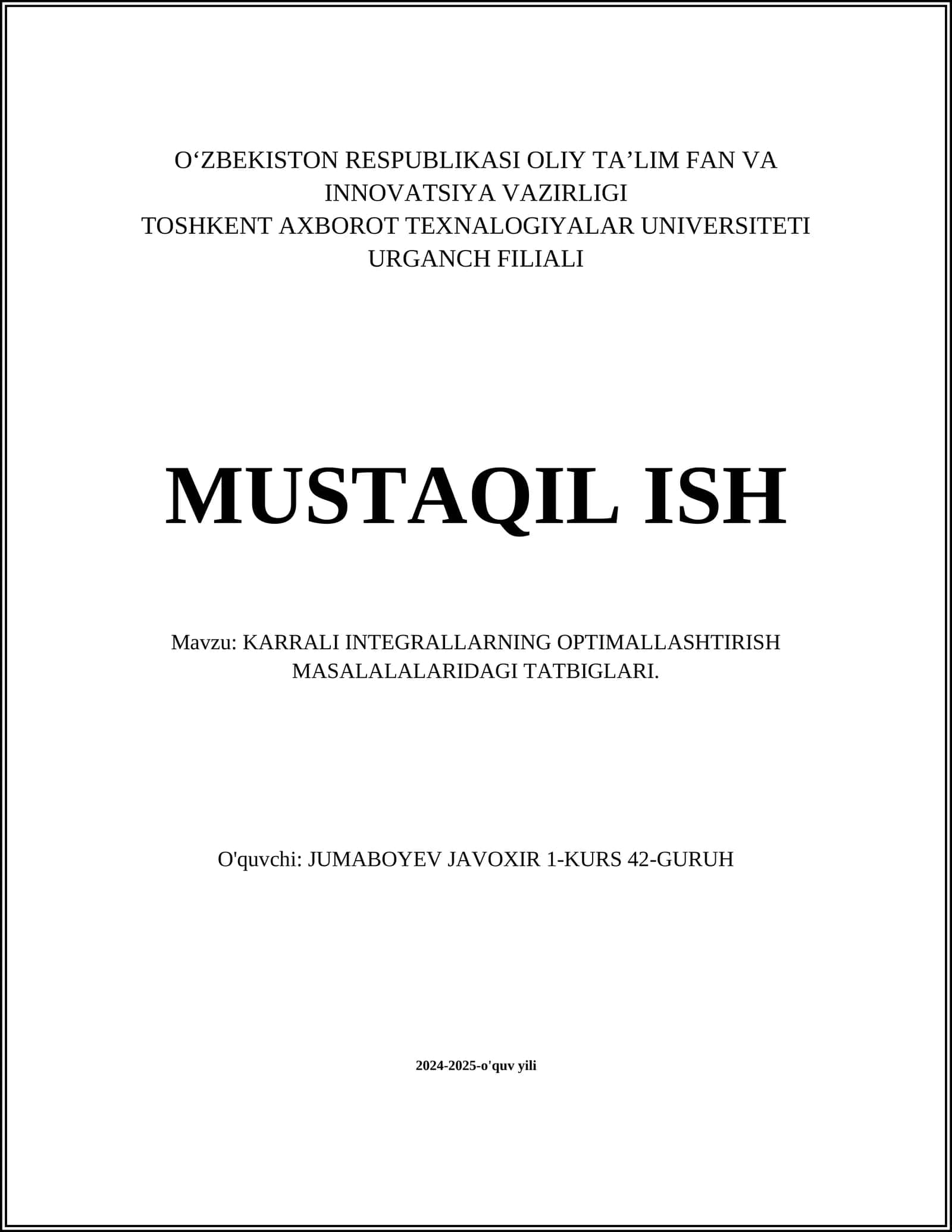 KARRALI INTEGRALLARNING OPTIMALLASHTIRISH MASALALALARIDAGI TATBIGLARI 1