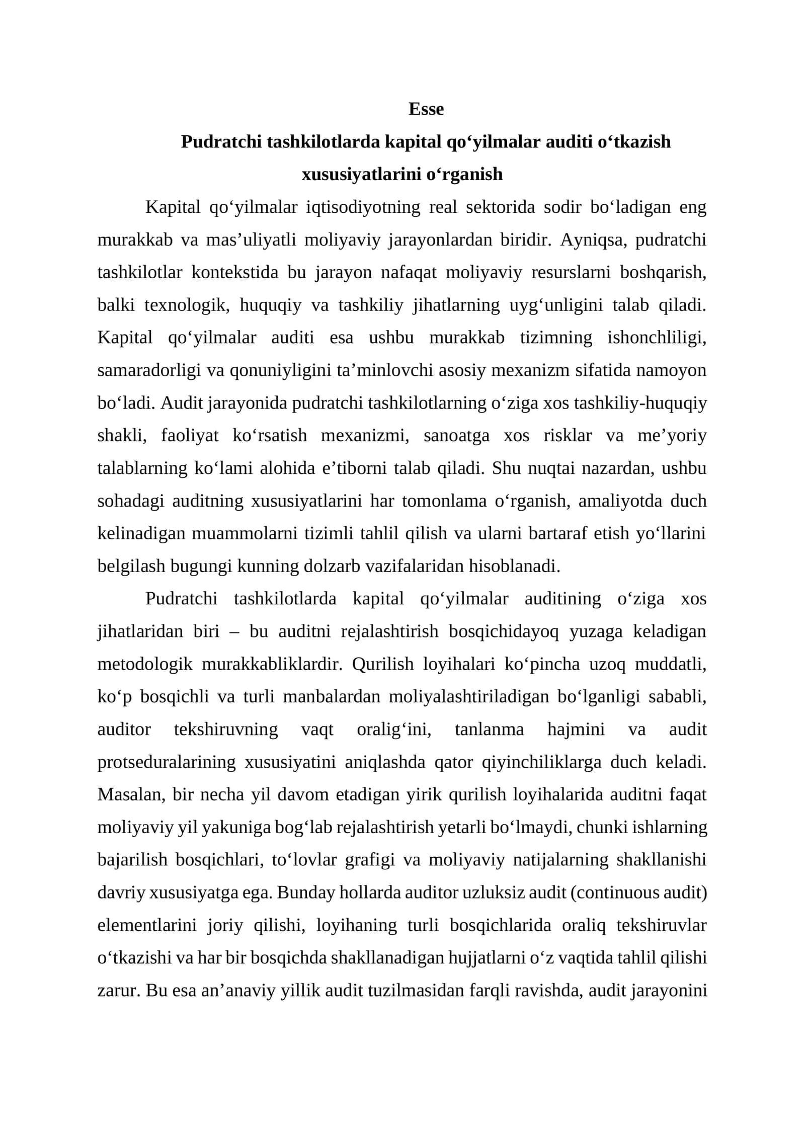 Kapital qo‘yilmalar auditi o‘tkazish xususiyatlari 1