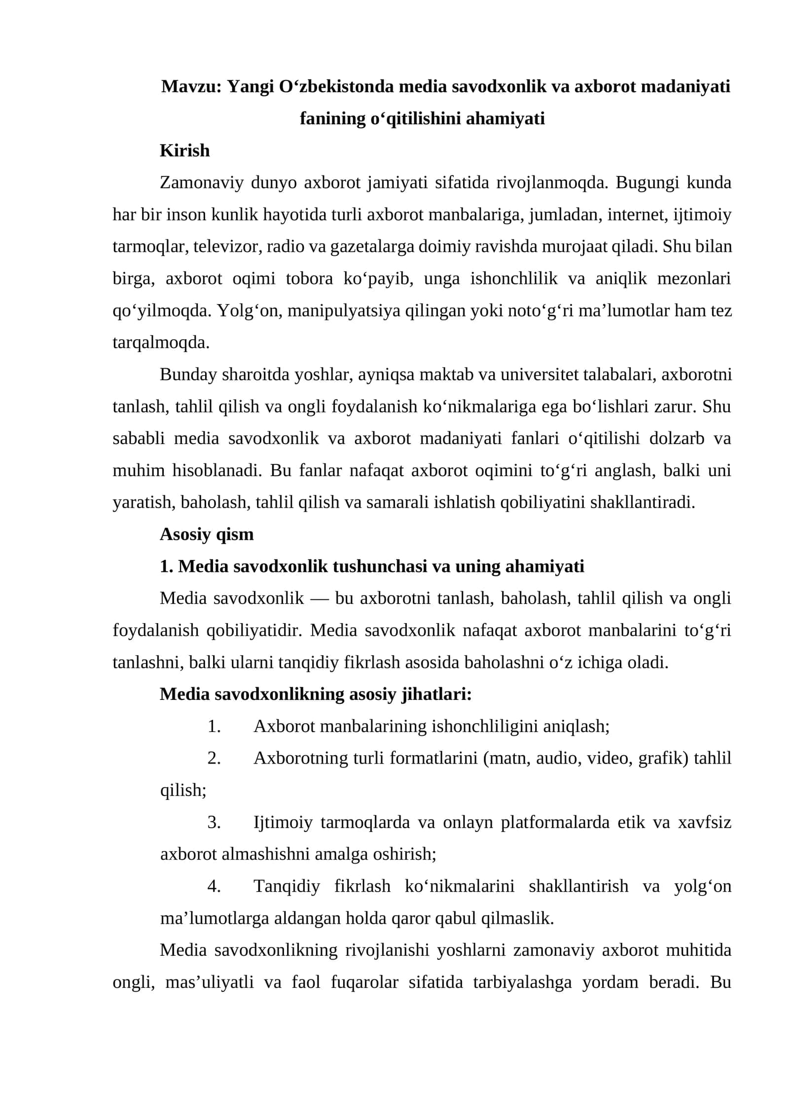 Yangi O‘zbekistonda media savodxonlik va axborot madaniyati fanining o‘qitilishini ahamiyati 1