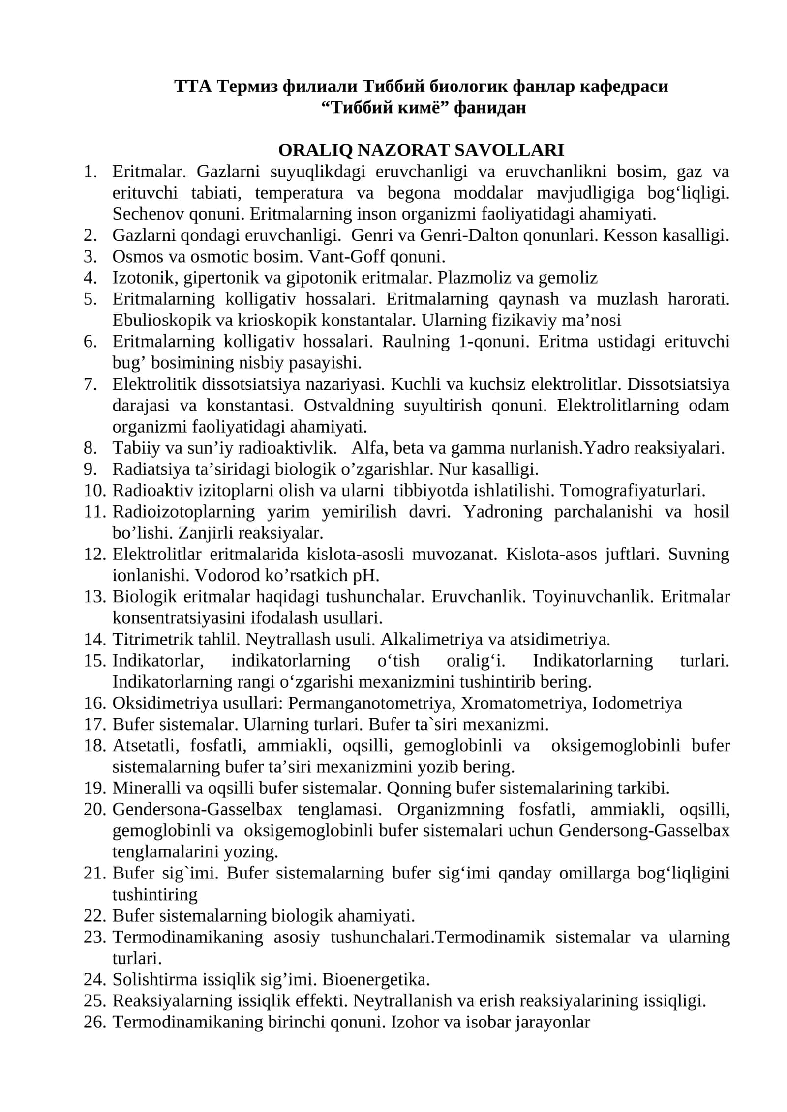 Eritmalar. Gazlarni suyuqlikdagi eruvchanligi va eruvchanlikni bosim, gaz va erituvchi tabiati, temperatura va begona moddalar mavjudligiga bog‘liqligi. Sechenov qonuni. Eritmalarning inson organizmi faoliyatidagi ahamiyati 1