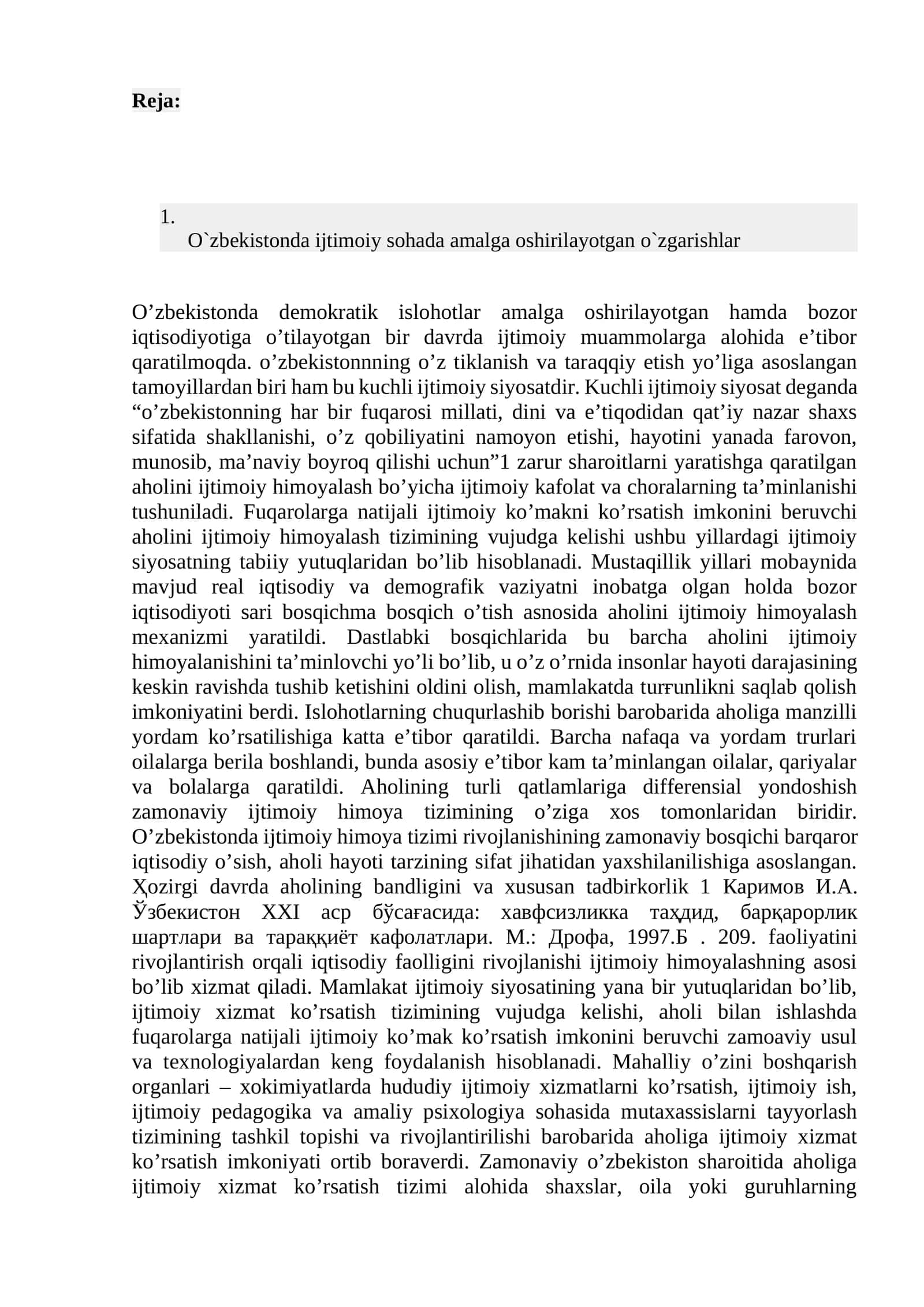 O`zbekistonda ijtimoiy sohada amalga oshirilayotgan o`zgarishlar 1