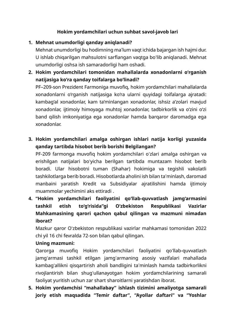 Hokim yordamchisining asosiy vazifalari Hokim yordamchilari uchun suhbat savol-javob lari 1