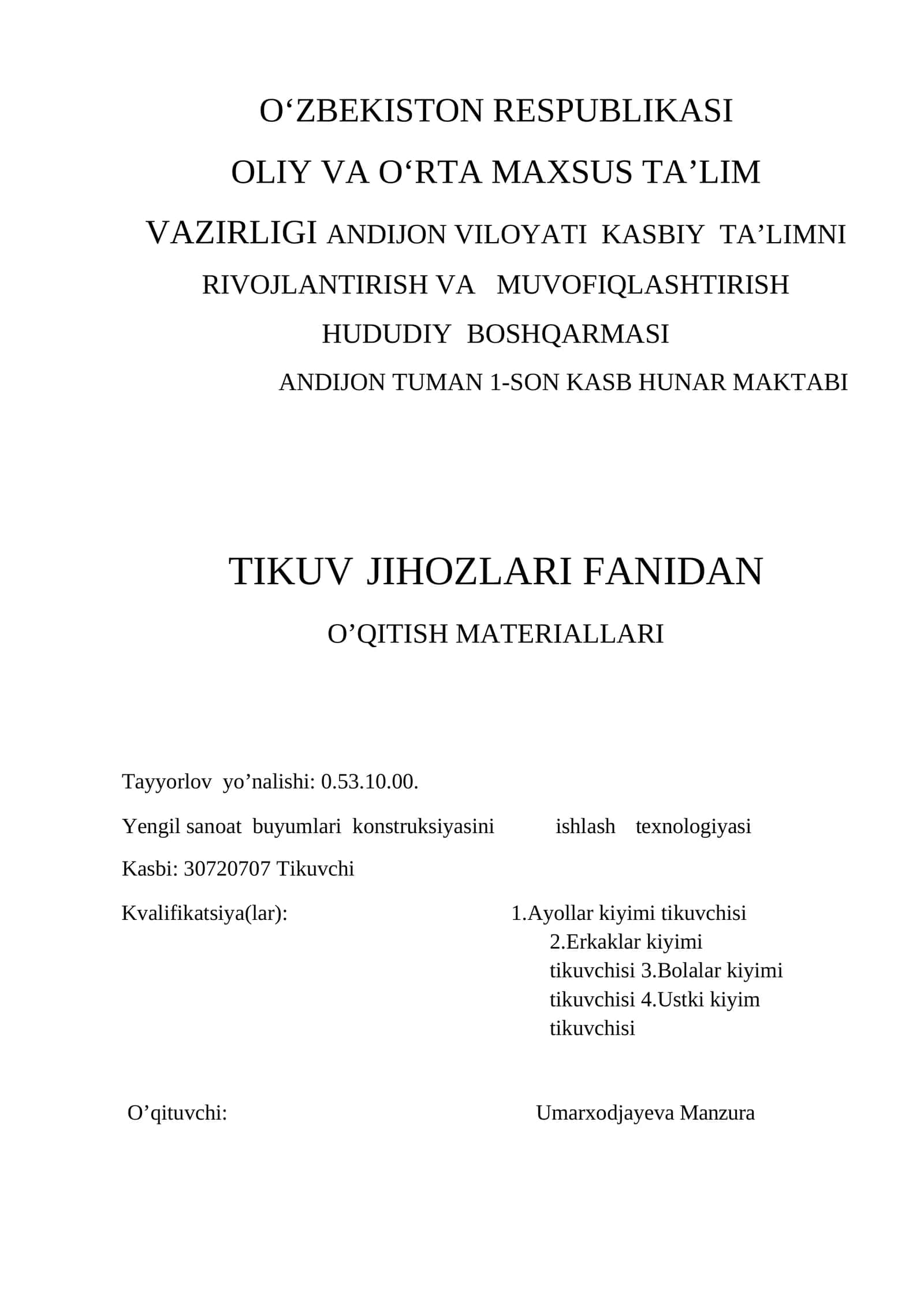 TIKUV JIHOZLARI FANIDAN O’QITISH MATERIALLARI 1
