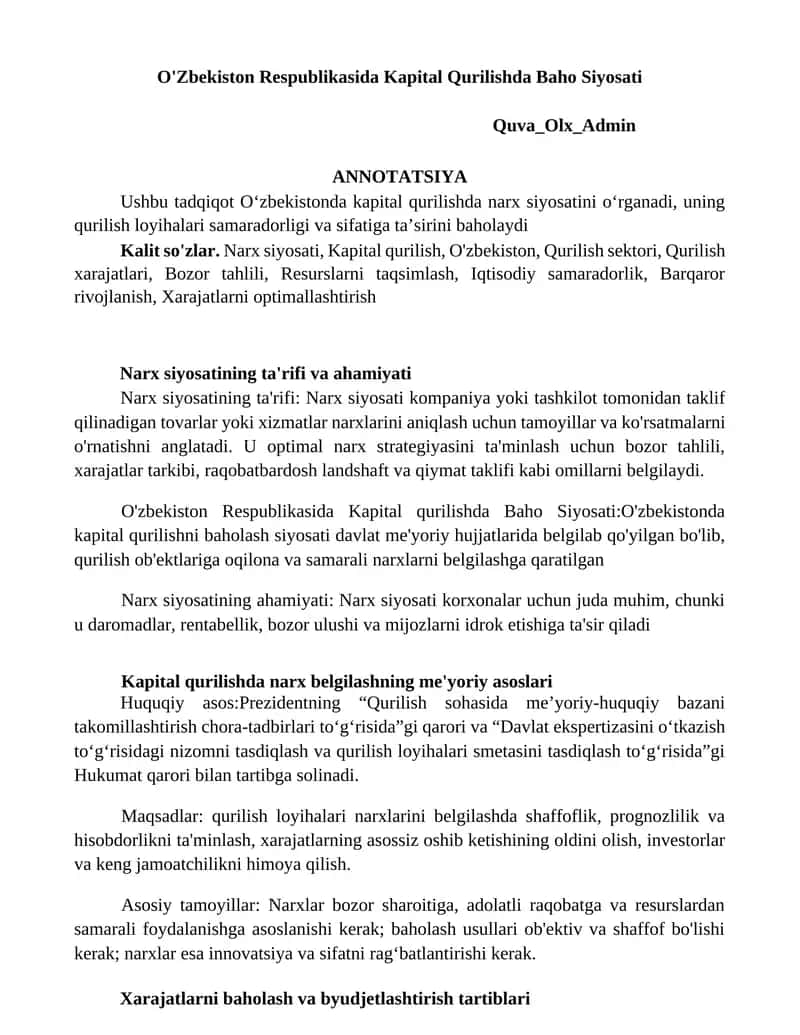 O'Zbekiston Respublikasida Kapital Qurilishda Baho Siyosati 1