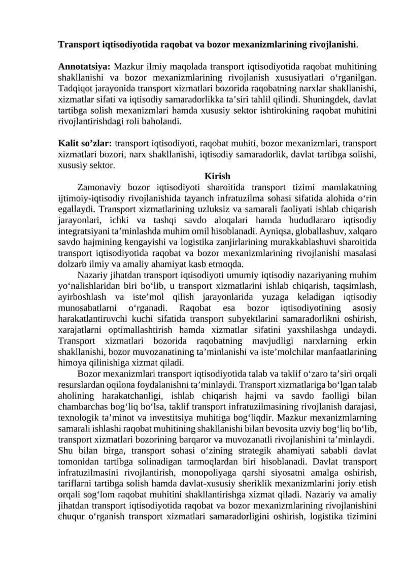 Transport iqtisodiyotida raqobat va bozor mexanizmlarining rivojlanishi 1