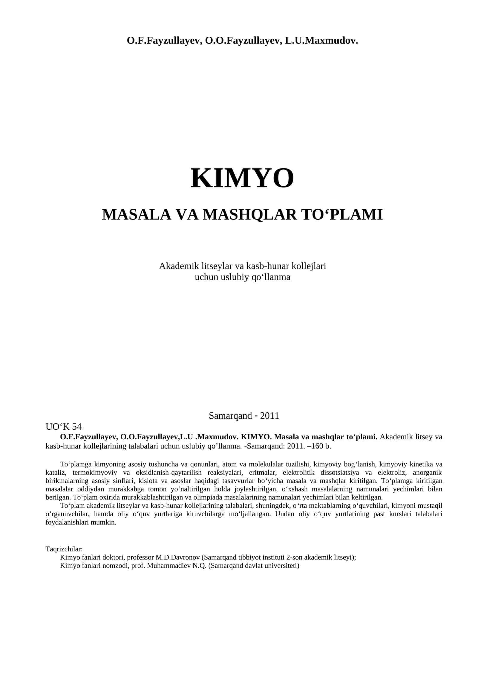 Kimyo. Masala va mashqlar to'plami 1