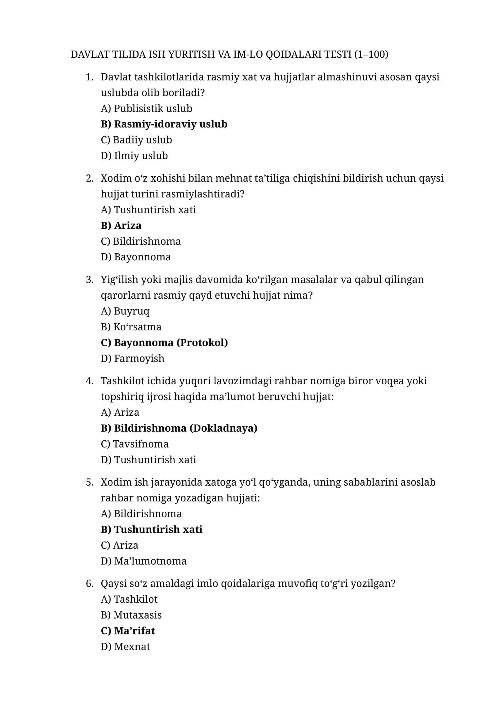 Argost test.Davlat tilida ish yuritish va IM-lo qoidalari testi 1