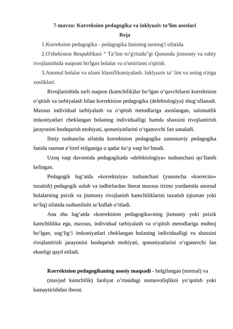 Korreksion pedagogika va inklyuziv ta’lim asoslari 1