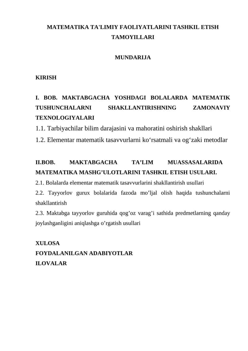 MATEMATIKA TA'LIMIY FAOLIYATLARINI TASHKIL ETISH TAMOYILLARI 1
