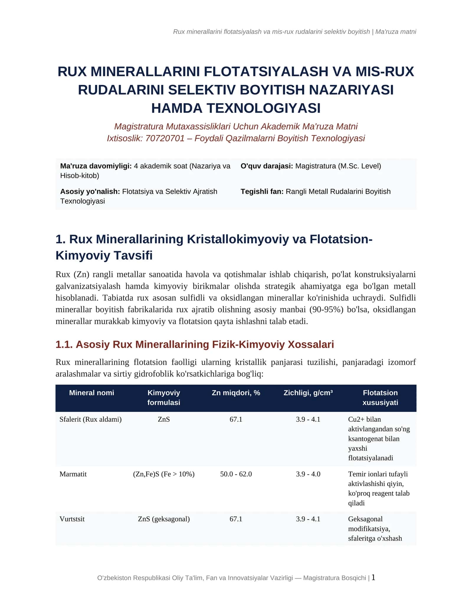 Rux minerallarini flotatsiyalash va mis-rux rudalarini selektiv boyitish 1