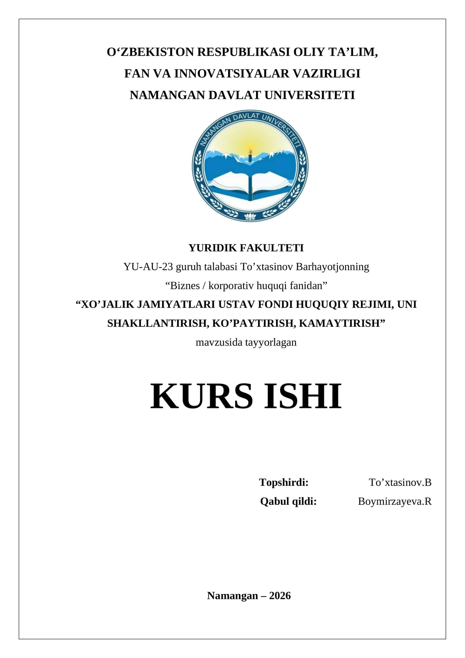 XO’JALIK JAMIYATLARI USTAV FONDI HUQUQIY REJIMI, UNI SHAKLLANTIRISH, KO’PAYTIRISH, KAMAYTIRISH 1