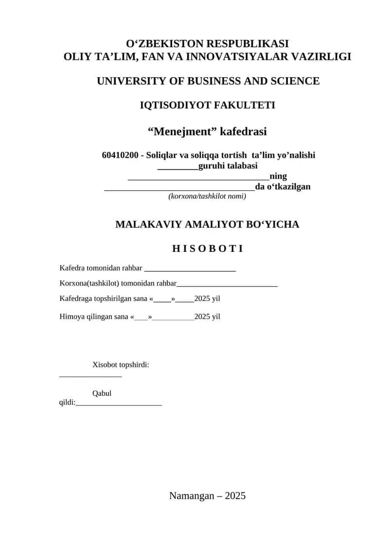 Malakaviy amaliyot bo'yicha hisoboti 1