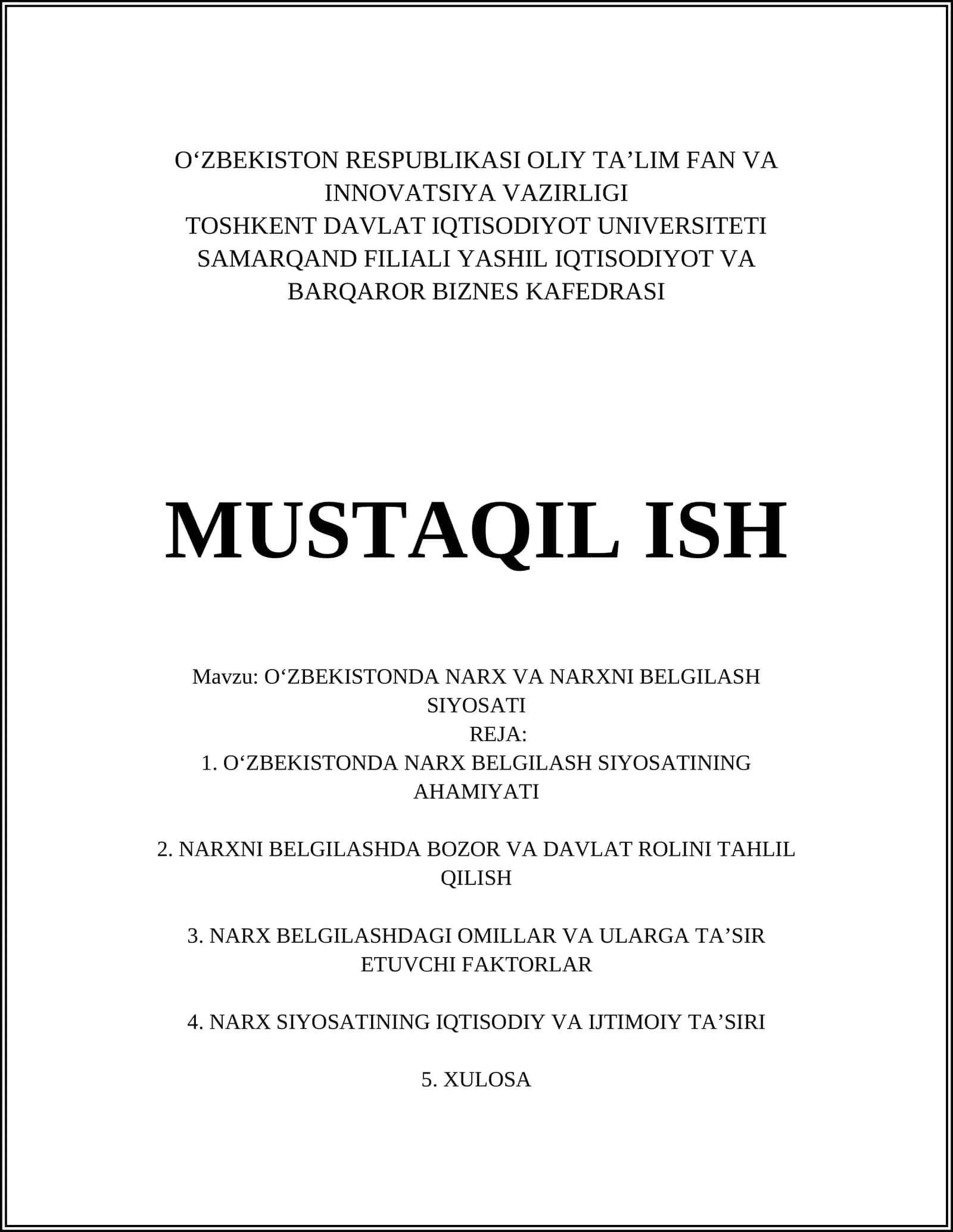 O‘ZBEKISTONDA NARX VA NARXNI BELGILASH SIYOSATI 1